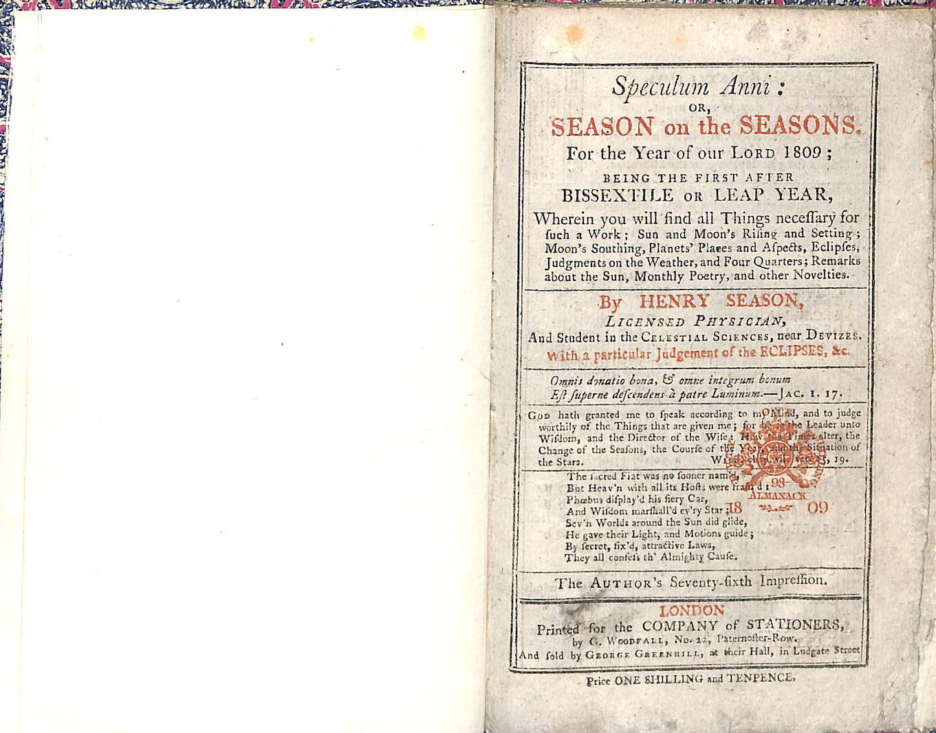 HENRY SEASON - Seller Image Speculum Anni or Season on the Seasons for the Year of Our Lord 1809