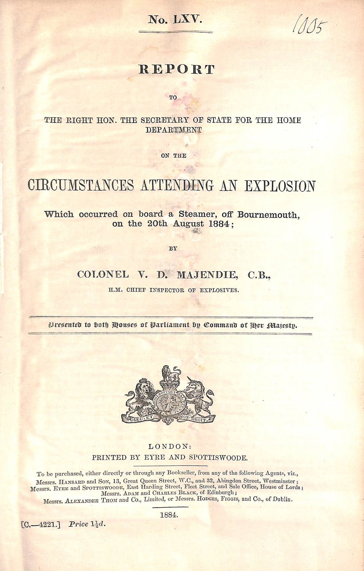 GREAT BRITAIN. PARLIAMENT. HOUSE OF COMMONS - Report...Circumstances Attending an Explosion,,Steamer off Bournemouth